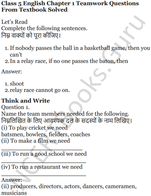 NCERT Solutions for Class 5 English Unit 2 Chapter 1 Teamwork 1